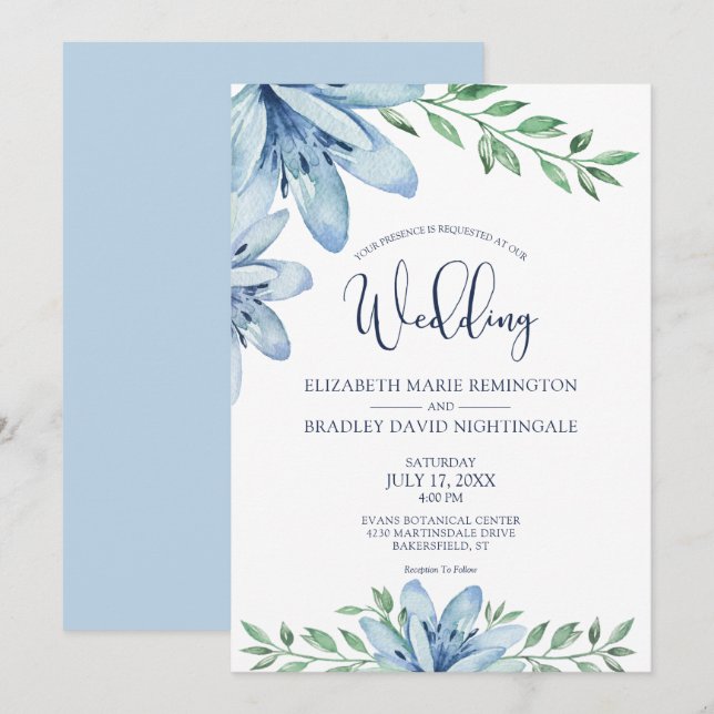 Blue Blooms and Greenery Wedding Invitation (Front/Back)