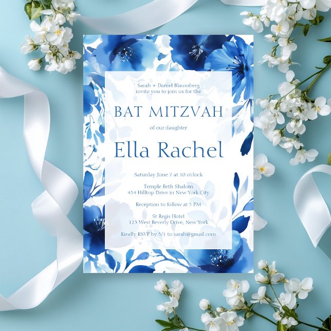 Blue Blooms Watercolor BAT MITZVAH CUSTOM  Invitation (Blue Blooms Watercolor BAT MITZVAH CUSTOM Invitation
)