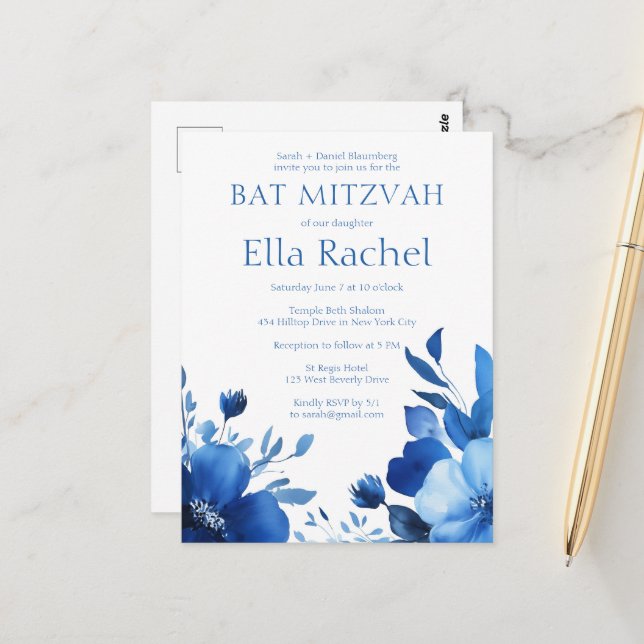 Blue Blooms Watercolor BAT MITZVAH CUSTOM  Postcard (Front/Back In Situ)