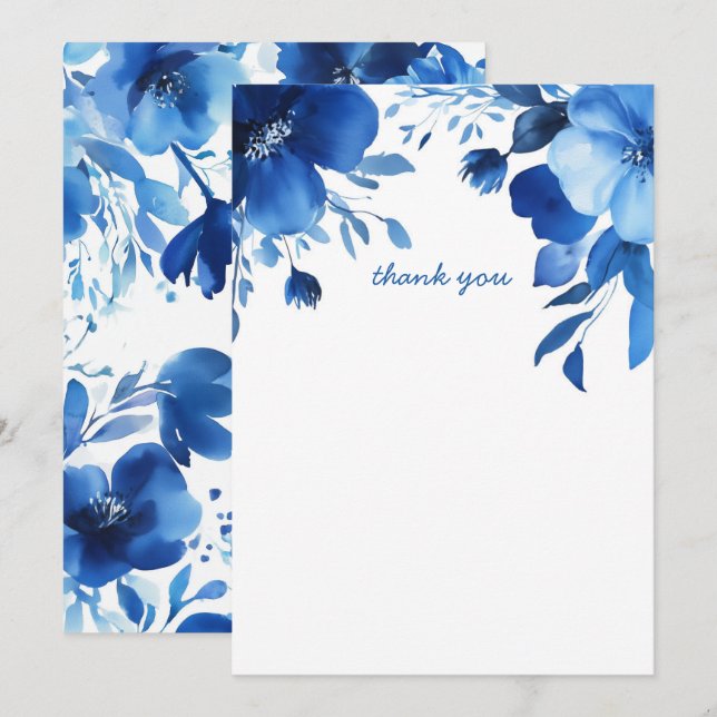 Blue Blooms Watercolor Bridal Shower CUSTOM Thank You Card (Front/Back)