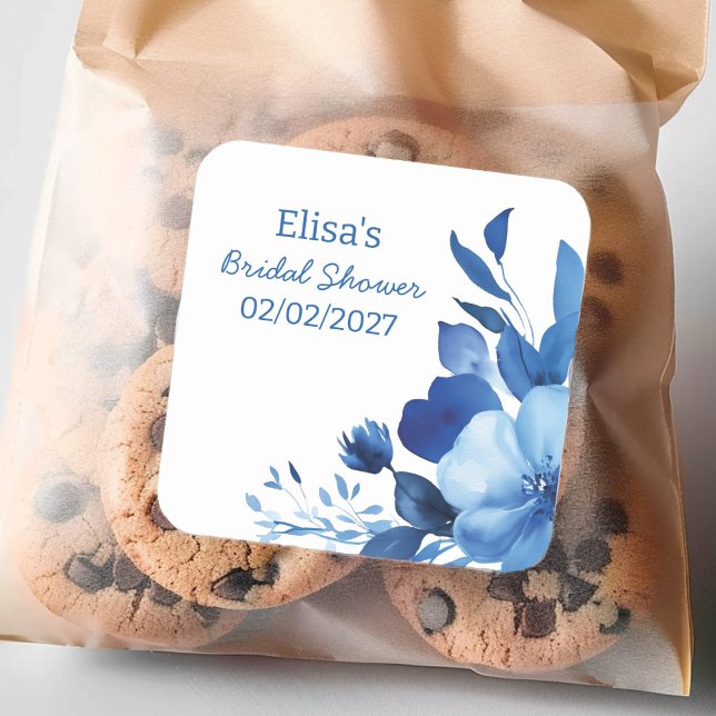 Blue Blooms Watercolor Custom Bridal Shower  Square Sticker (Blue Blooms Watercolor Custom Bridal Shower Square Sticker
)
