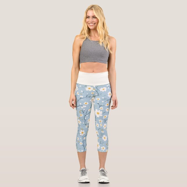 Blue Blossom Breeze Daisy Capri Leggings (Front)