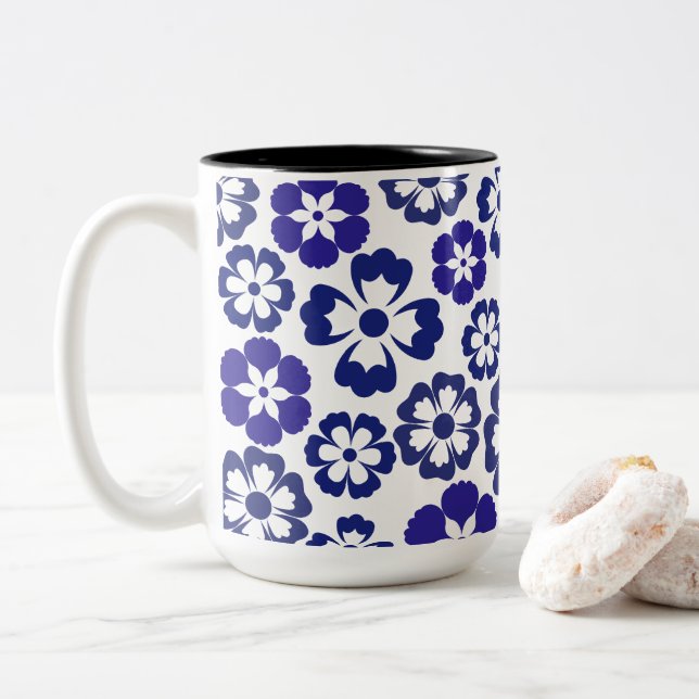 Blue Blossom Elegance Two-Tone Coffee Mug (With Donut)