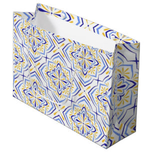 Blue Blossom Elegant Mediterranean Floral Mosaic Large Gift Bag
