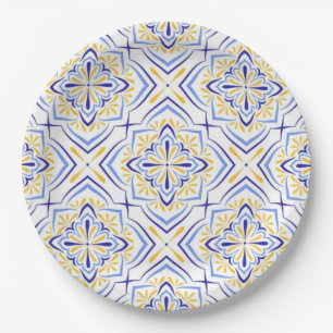 Blue Blossom Elegant Mediterranean Floral Mosaic Paper Plate