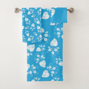 Blue blossom heart with flowers pattern bath towel set