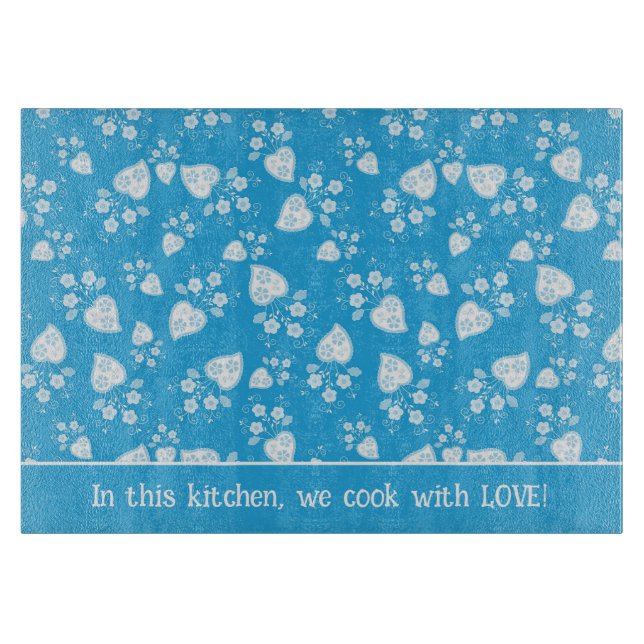 Blue blossom heart with flowers pattern cutting board (Front)