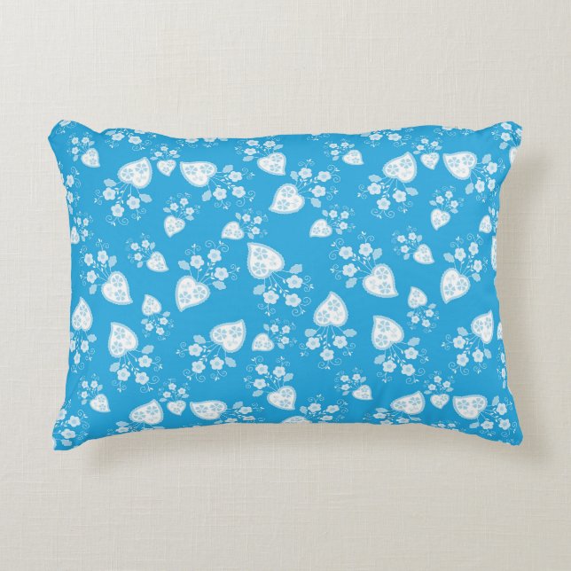 Blue blossom heart with flowers pattern decorative cushion (Front)