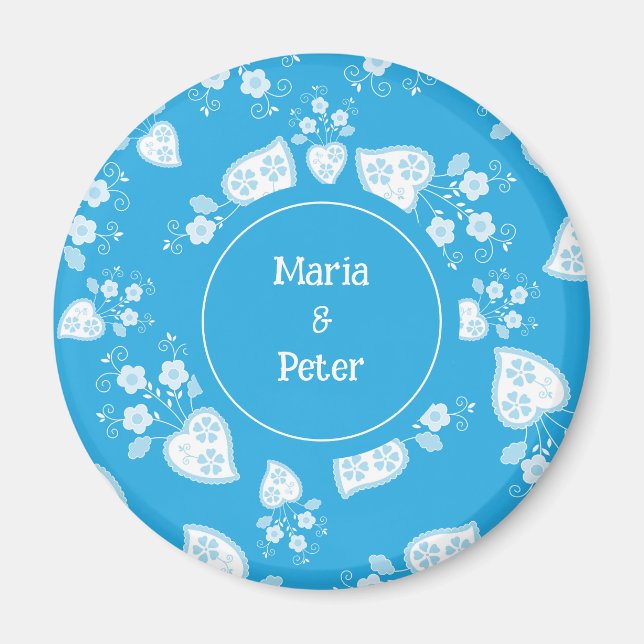 Blue blossom heart with flowers pattern magnet (Front)