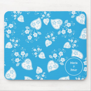 Blue blossom heart with flowers pattern mouse mat