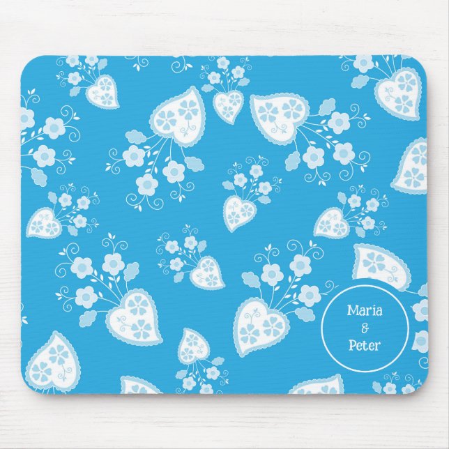 Blue blossom heart with flowers pattern mouse mat (Front)