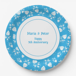 Blue blossom heart with flowers pattern paper plate