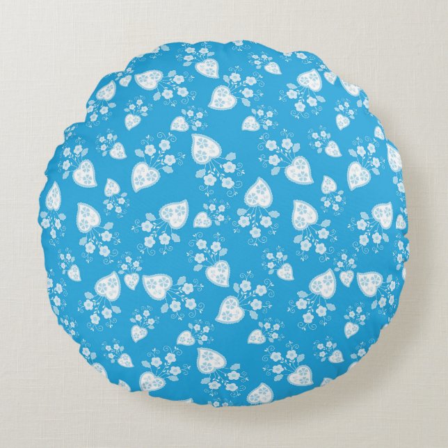 Blue blossom heart with flowers pattern round cushion (Front)