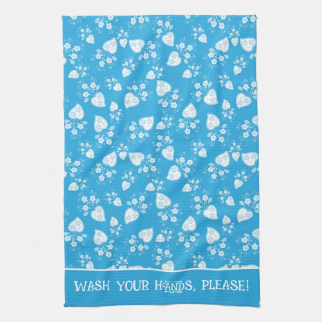 Blue blossom heart with flowers pattern tea towel (Vertical)