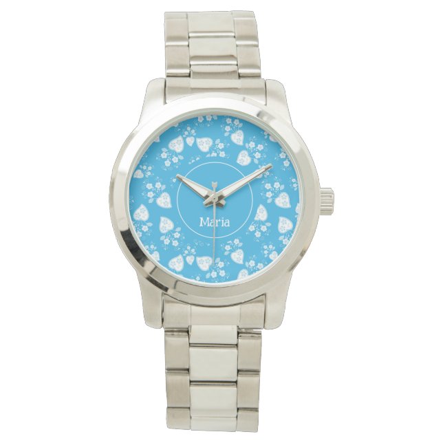 Blue blossom heart with flowers pattern watch (Front)