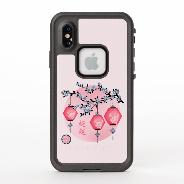 Blue blossom lanterns "Rise above" Asian design LifeProof iPhone Case (Back)