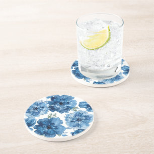 Blue Blossom Watercolor Floral Botanical White Coaster