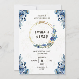 Blue Blossoms and Gilded Gold Wedding Invitation