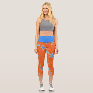 Blue Blossoms on Orange Capri Leggings