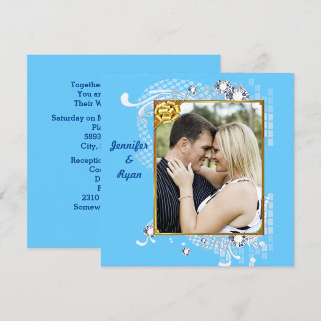 Blue Blue Background with Diamonds & Frame Wedding Invitation (Front/Back)