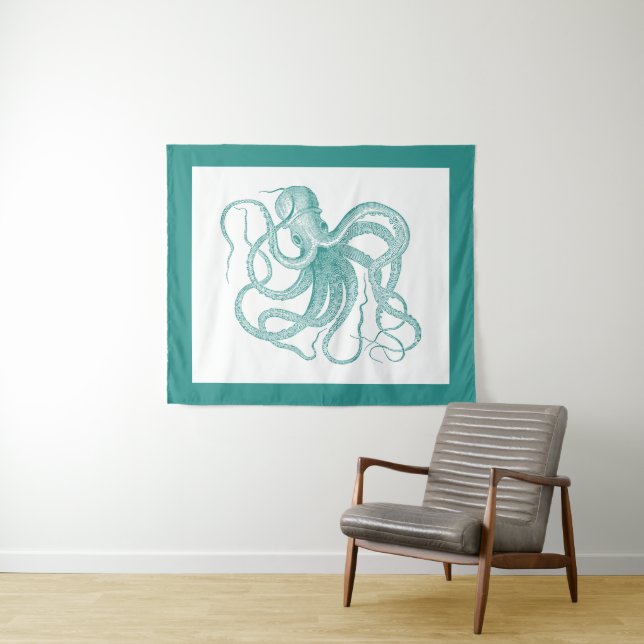 Blue-blue nautical vintage octopus tapestry (In Situ (Horizontal))