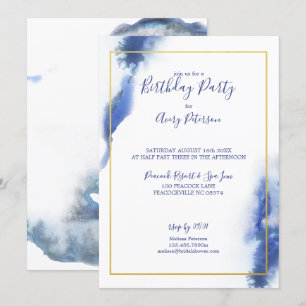 Blue Blue Ombre Gold Frame Unisex Birthday Invitation