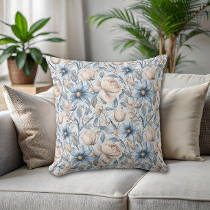 Blue & Blush Botanical Watercolor Cushion