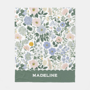 Blue Blush Cottagecore Wildflower Monogram Name Fleece Blanket