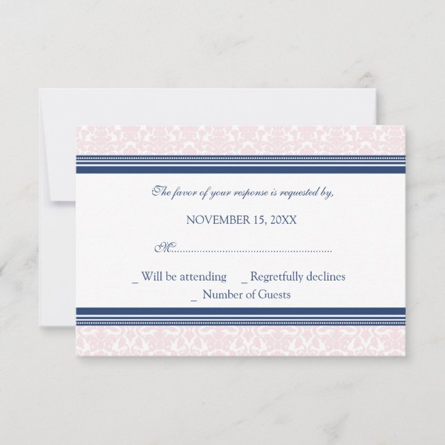 Blue Blush Damask RSVP Wedding Card (Front)