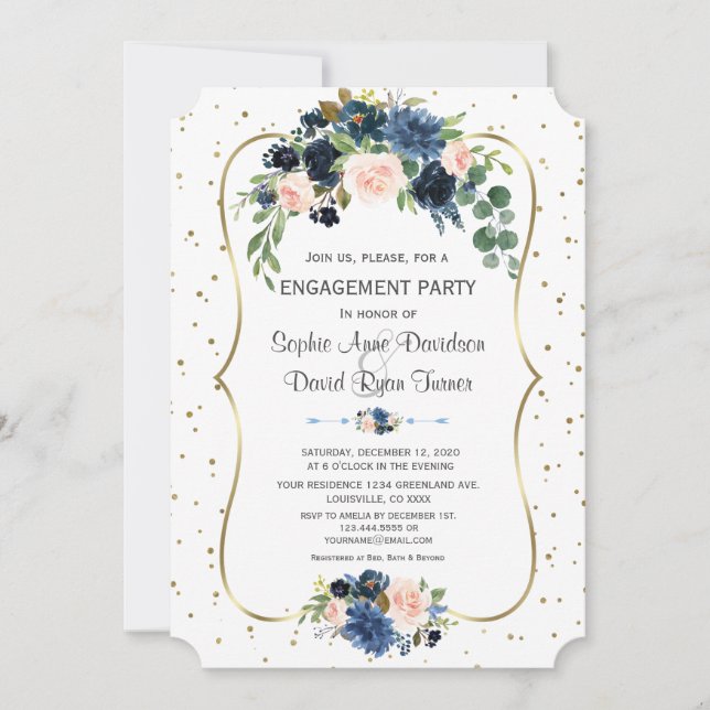 Blue Blush Floral Gold Glitter Confetti Engagement Invitation (Front)