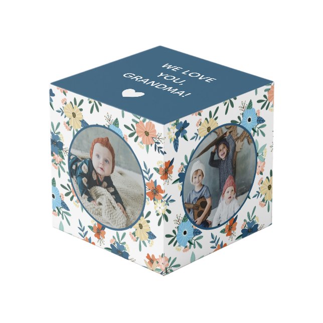 Blue Blush Floral Love Grandma Photo Collage Cube (Front Angled)