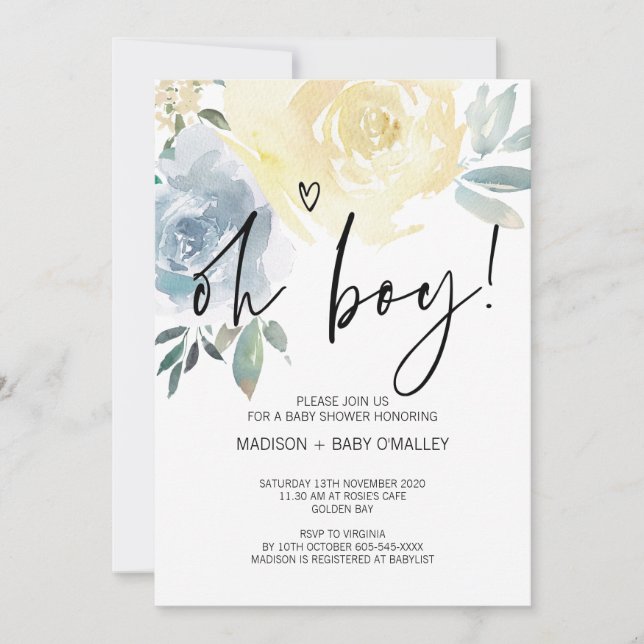 Blue Blush Floral Oh Boy Baby Shower Party Invitation (Front)