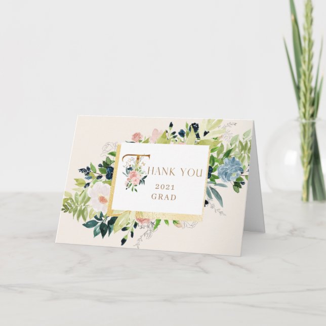 blue blush floral Photo Graduation Thank You Card (Front)