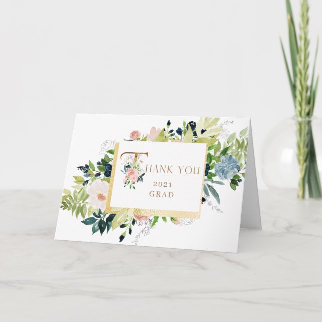 blue blush floral Photo Graduation Thank You Card (Front)