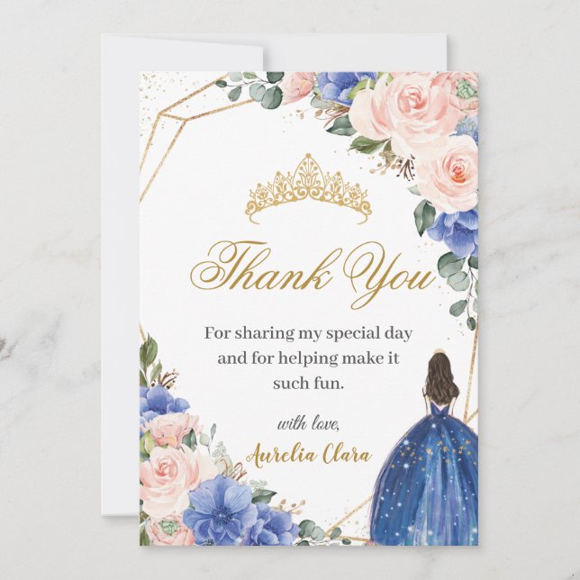 Blue Blush Floral Princess Tiara Quinceañera 15th  Thank You Card (Front)