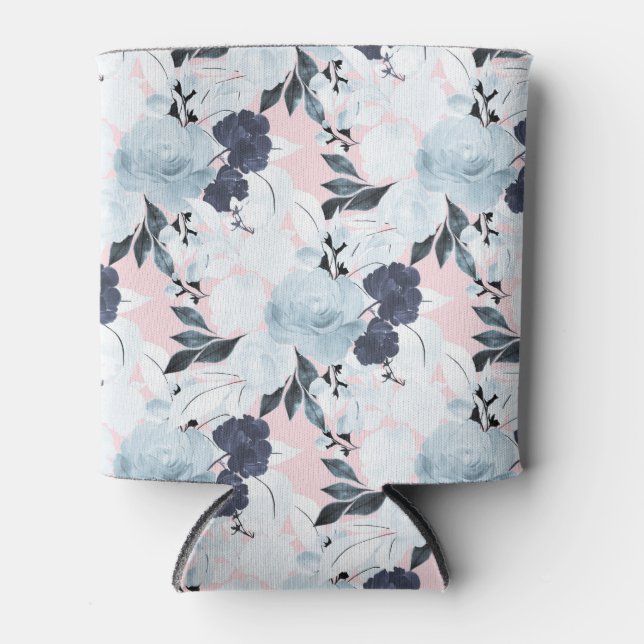 Blue Blush Floral Watercolor Paint Can Cooler (Front)