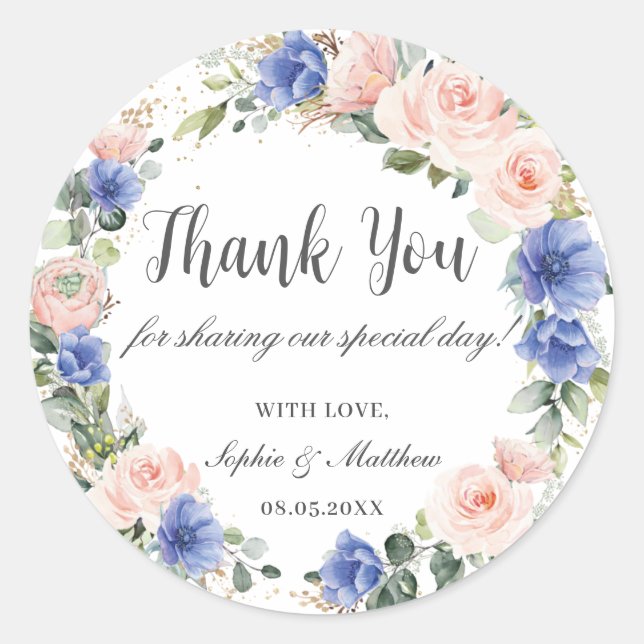 Blue Blush Floral Wedding Bridal Favour Thank You Classic Round Sticker (Front)