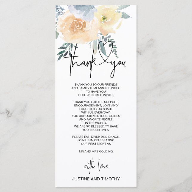 Blue Blush Floral Wedding Thank You Table Setting Menu (Front)