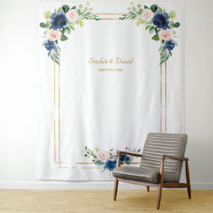 Blue Blush Flowers Bloom Photo Booth Wedding Tapestry
