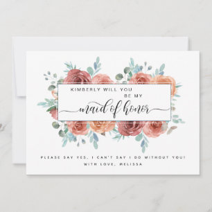 Blue, Blush Peach Floral Be My Maid of Honour Card