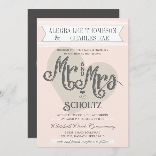 Blue Blush Peach Mr and Mrs Typography Wedding Invitation (Front/Back)