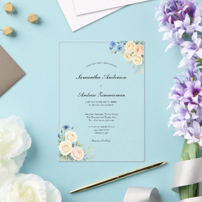Blue Blush Pink Cream Floral Elegant Wedding  Acrylic Invitations (Insitu (Wedding))