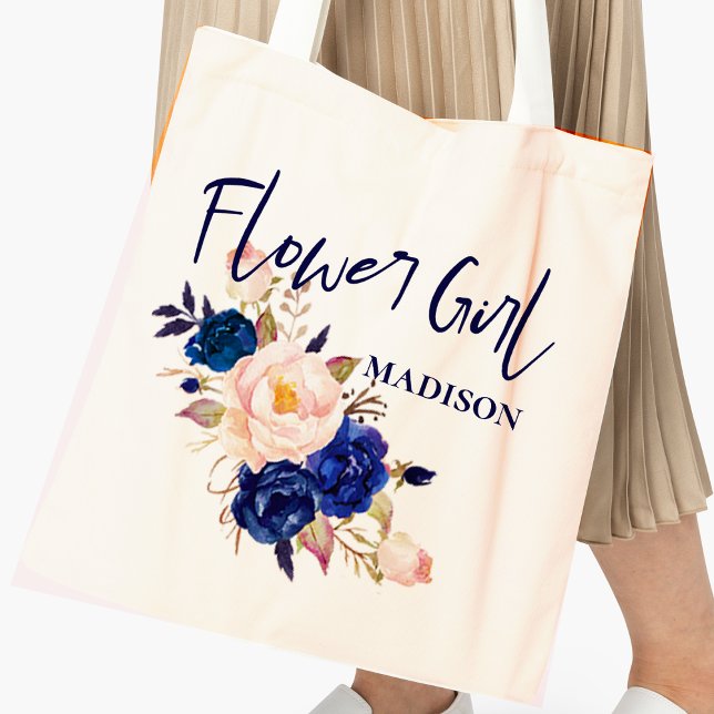 Blue Blush Pink Floral Cute Flowergirl Wedding Tote Bag (Creator Uploaded)