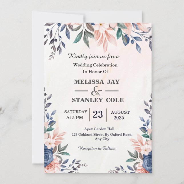 Blue & Blush Pink Floral Frame Watercolor Wedding Invitation (Front)