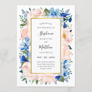 Blue Blush Pink Floral Gold Wedding Invitation