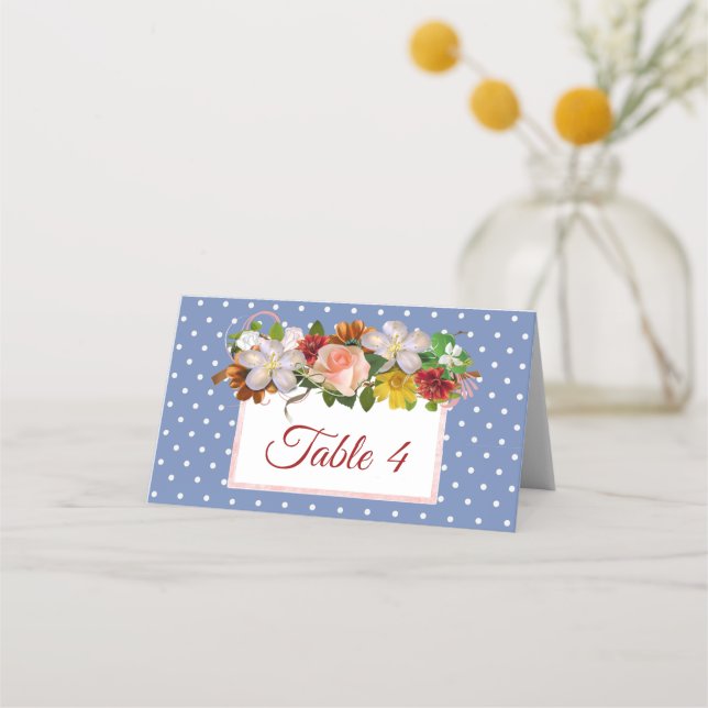 Blue Blush Pink Rose Rose Bouquet Table Card (Front)