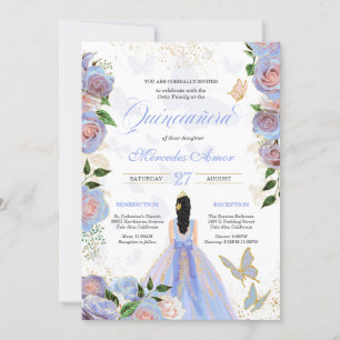 Blue & Blush Pink Roses Butterfly Quinceanera Invi Invitation