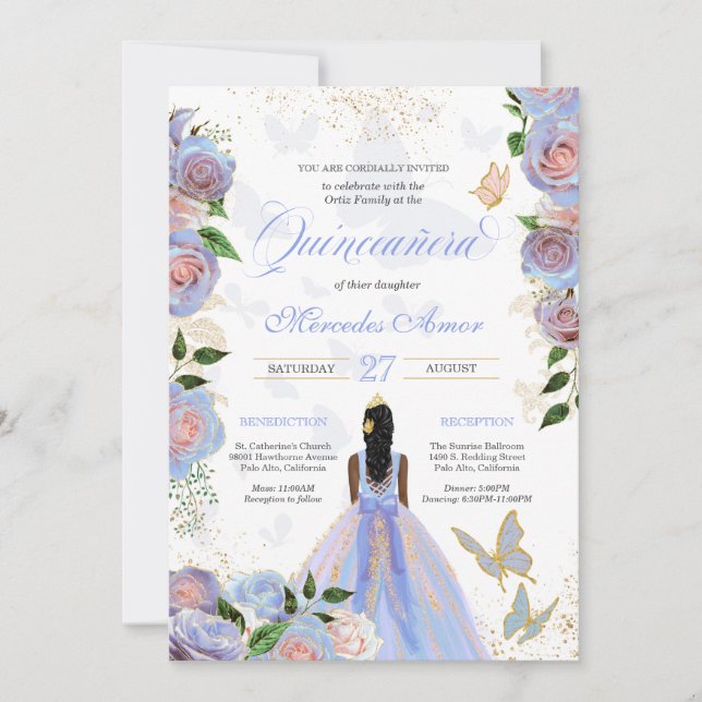 Blue & Blush Pink Roses Butterfly Quinceanera Invitation (Front)