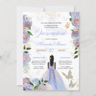 Blue & Blush Pink Roses Butterfly Quinceanera Invitation