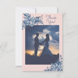 Blue, Blush Pink Watercolor Floral Wedding Photo Thank You Card